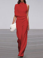Gina | Dames jumpsuit met ronde hals, mouwloos en wijd uitlopende pijpen 5