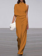 Gina | Dames jumpsuit met ronde hals, mouwloos en wijd uitlopende pijpen 7