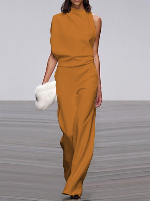 Gina | Dames jumpsuit met ronde hals, mouwloos en wijd uitlopende pijpen 7