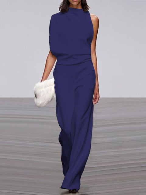 Gina | Dames jumpsuit met ronde hals, mouwloos en wijd uitlopende pijpen 8