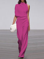 Gina | Dames jumpsuit met ronde hals, mouwloos en wijd uitlopende pijpen 9