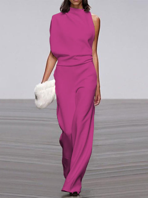 Gina | Dames jumpsuit met ronde hals, mouwloos en wijd uitlopende pijpen 9