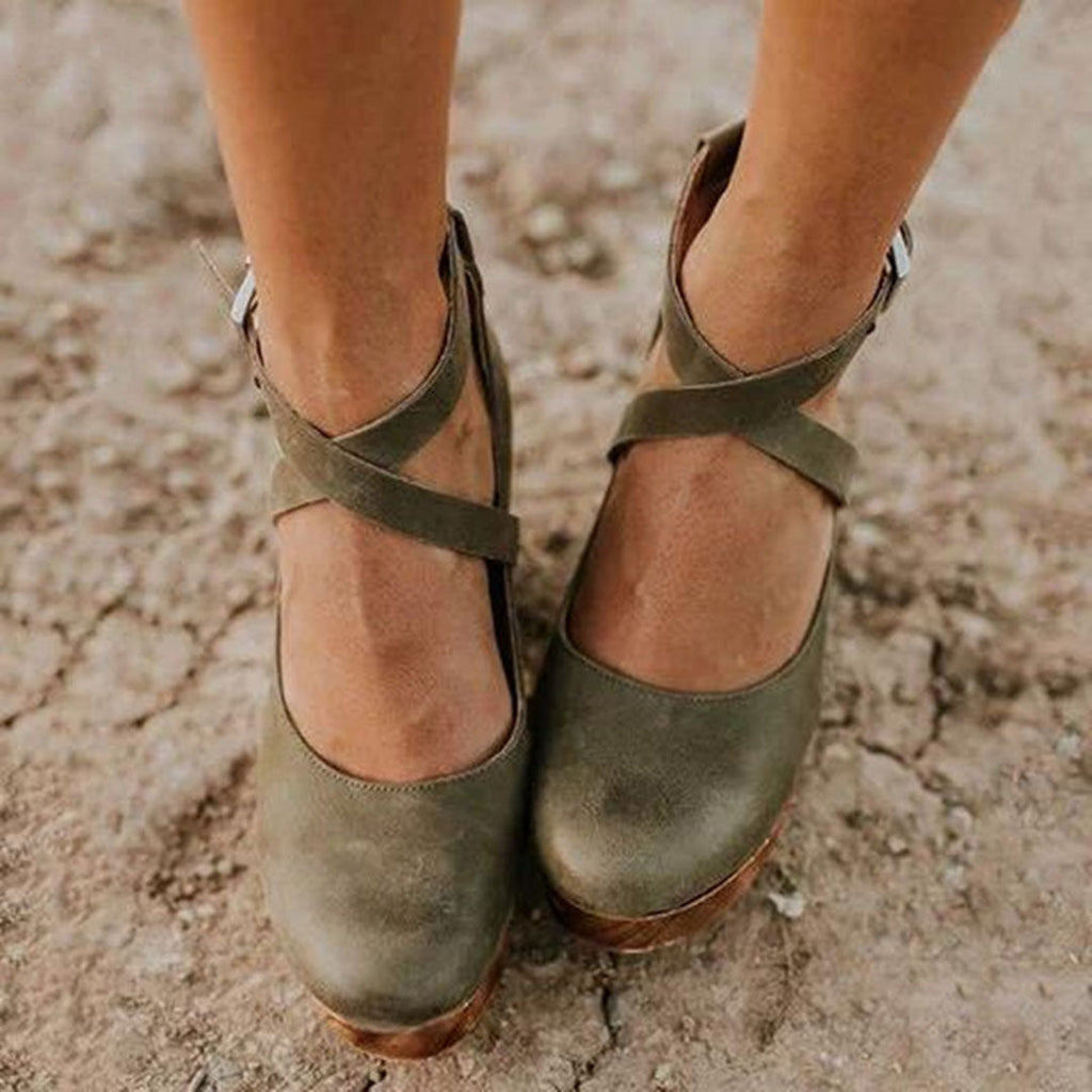 Wedge Hak Schoenen Dames Gesloten Neus Enkelsluiting Leren