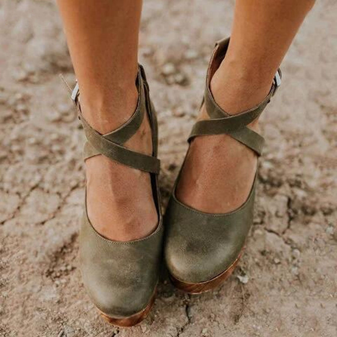 Wedge Hak Schoenen Dames Gesloten Neus Enkelsluiting Leren