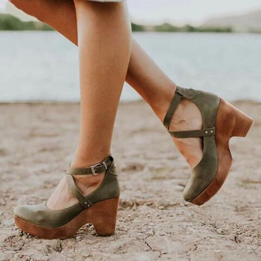Wedge Hak Schoenen Dames Gesloten Neus Enkelsluiting Leren