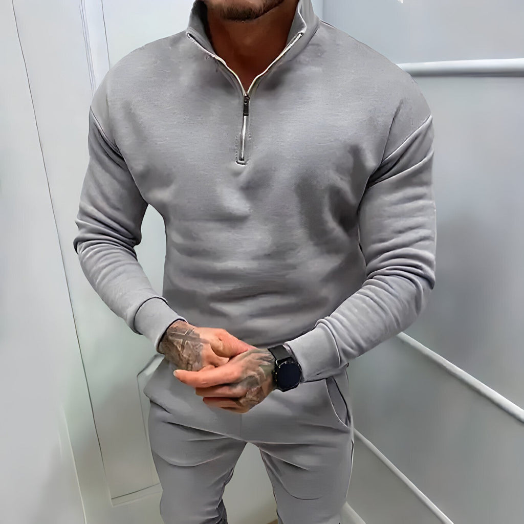 Heren Sweater Grijs M Katoen Halve Rits-3