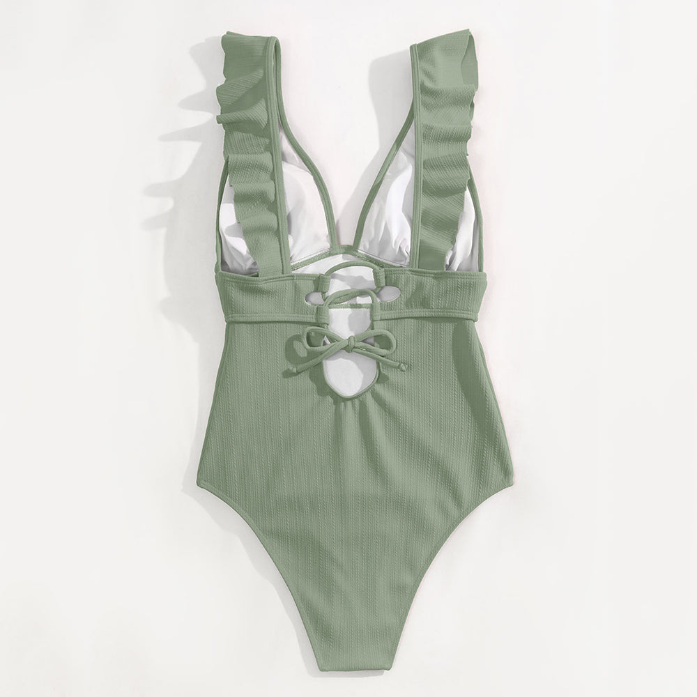 Boho Badpak Dames Stijlvol Sexy Zomerbadpak Met Ruches Lage V Hals En Touwtjes Rug Verkrijgbaar In 6 Kleuren
