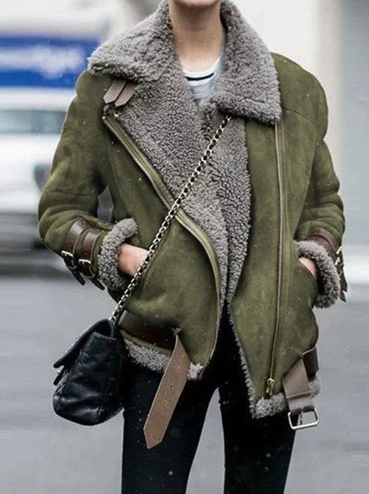 Dames Shearling Pilotenjack Met Gespen En Gezellige Voering