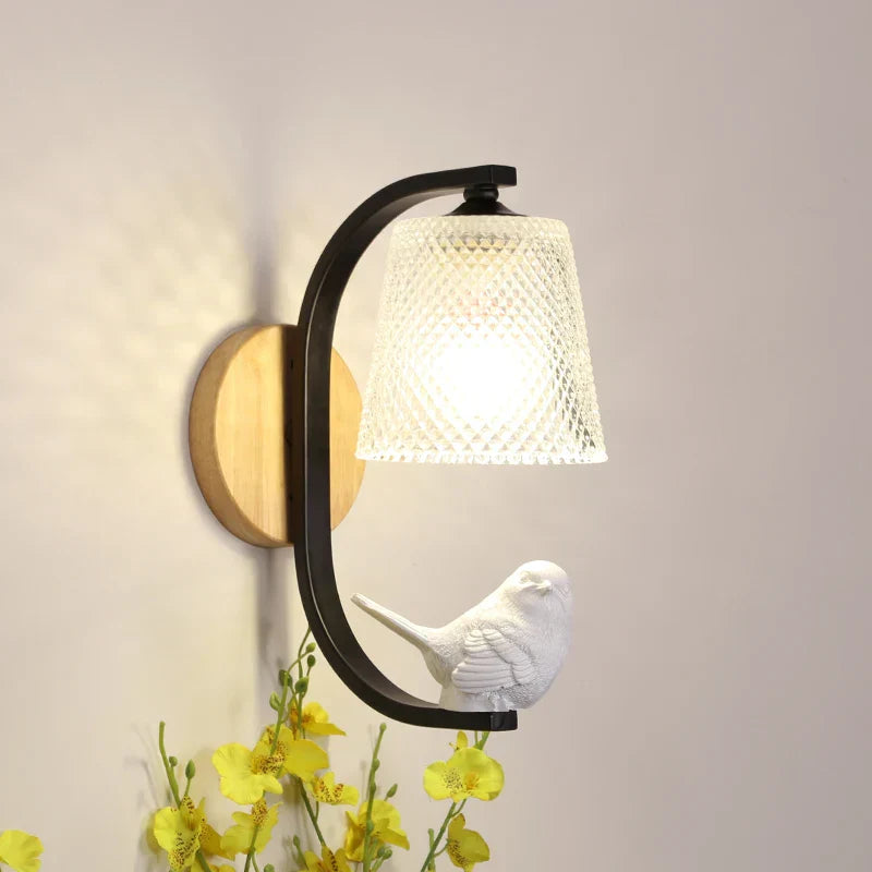 BirdLuxe - Elegante Wandlamp met Vogelontwerp – Hout en Glas voor Slaapkamer