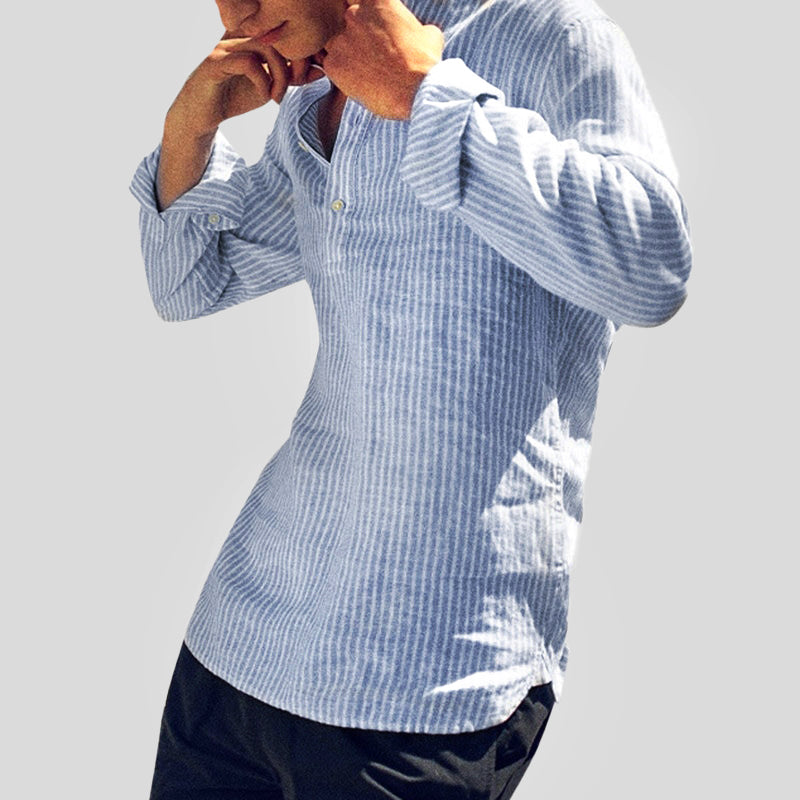 Heren Henley Shirt Katoen-Linnenmix Gestreept Longsleeve 1