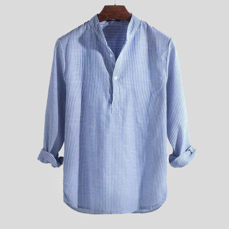 Heren Henley Shirt Katoen-Linnenmix Gestreept Longsleeve 2