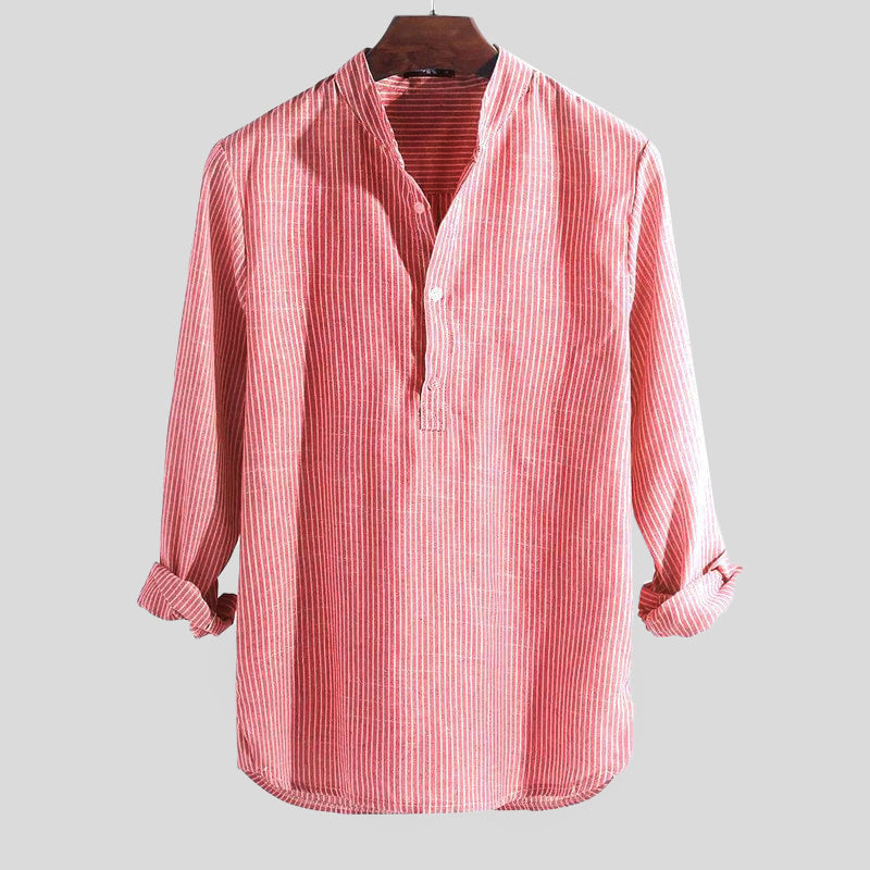 Heren Henley Shirt Katoen-Linnenmix Gestreept Longsleeve 3