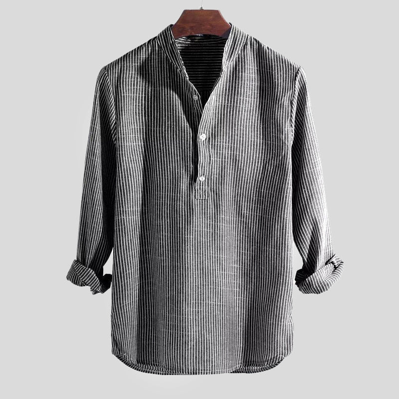 Heren Henley Shirt Katoen-Linnenmix Gestreept Longsleeve 4