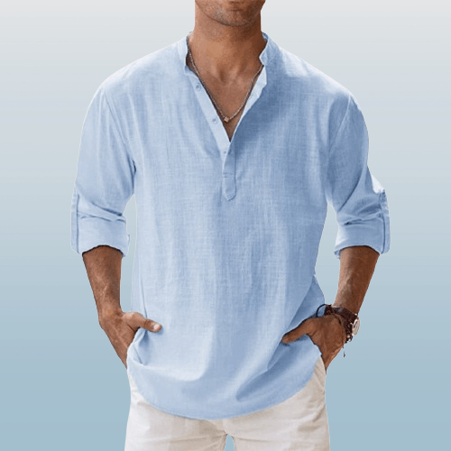 Heren Henley Shirt Linnenmix Lange Mouwen Casual 1