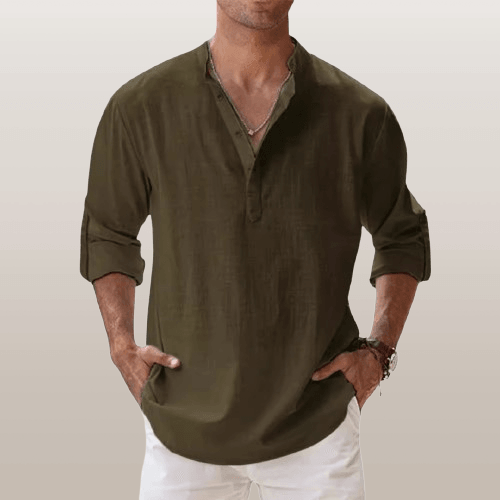 Heren Henley Shirt Linnenmix Lange Mouwen Casual 8