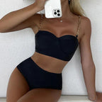 Hoge Taille Gevoerde Bikini Set Dames met Kettingbanden 0