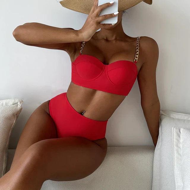 Hoge Taille Gevoerde Bikini Set Dames met Kettingbanden 12