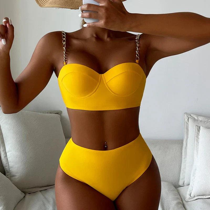 Hoge Taille Gevoerde Bikini Set Dames met Kettingbanden 2