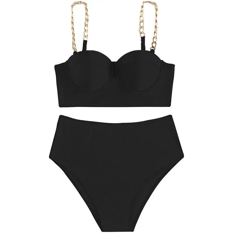 Hoge Taille Gevoerde Bikini Set Dames met Kettingbanden 5