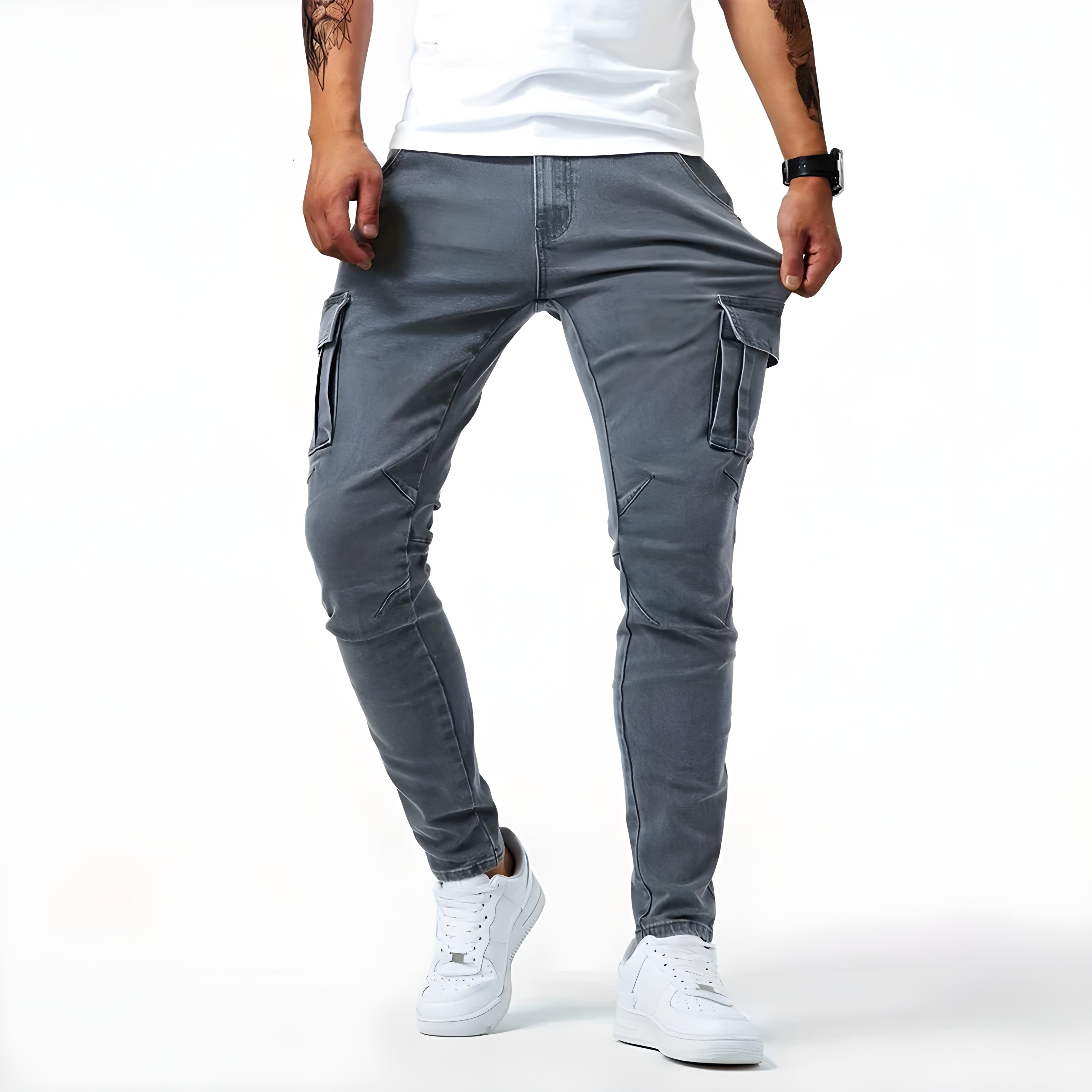 Stretch Denim Cargo Broek voor Mannen met Verstelbare Taille en Functionele Zakken