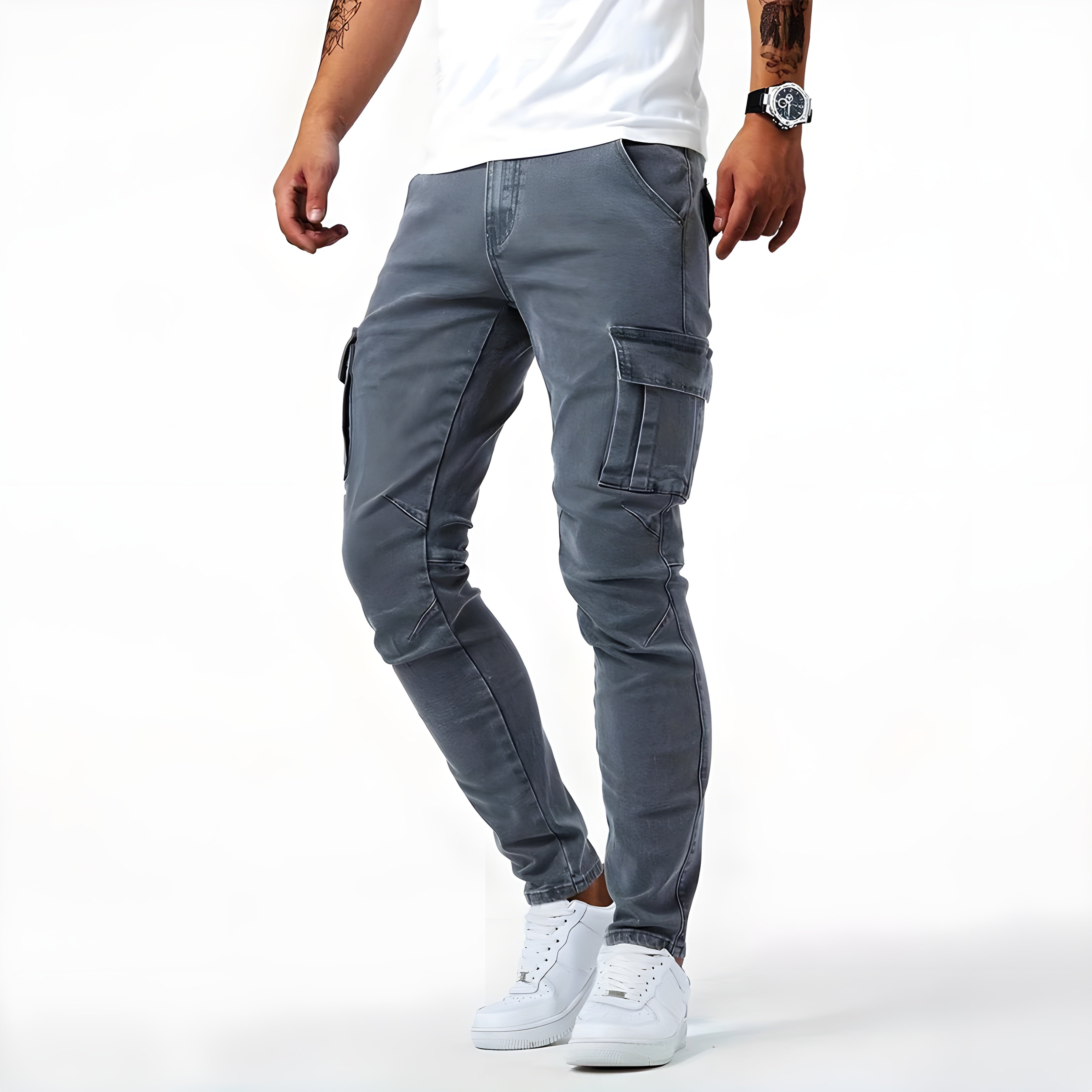 Stretch Denim Cargo Broek voor Mannen met Verstelbare Taille en Functionele Zakken