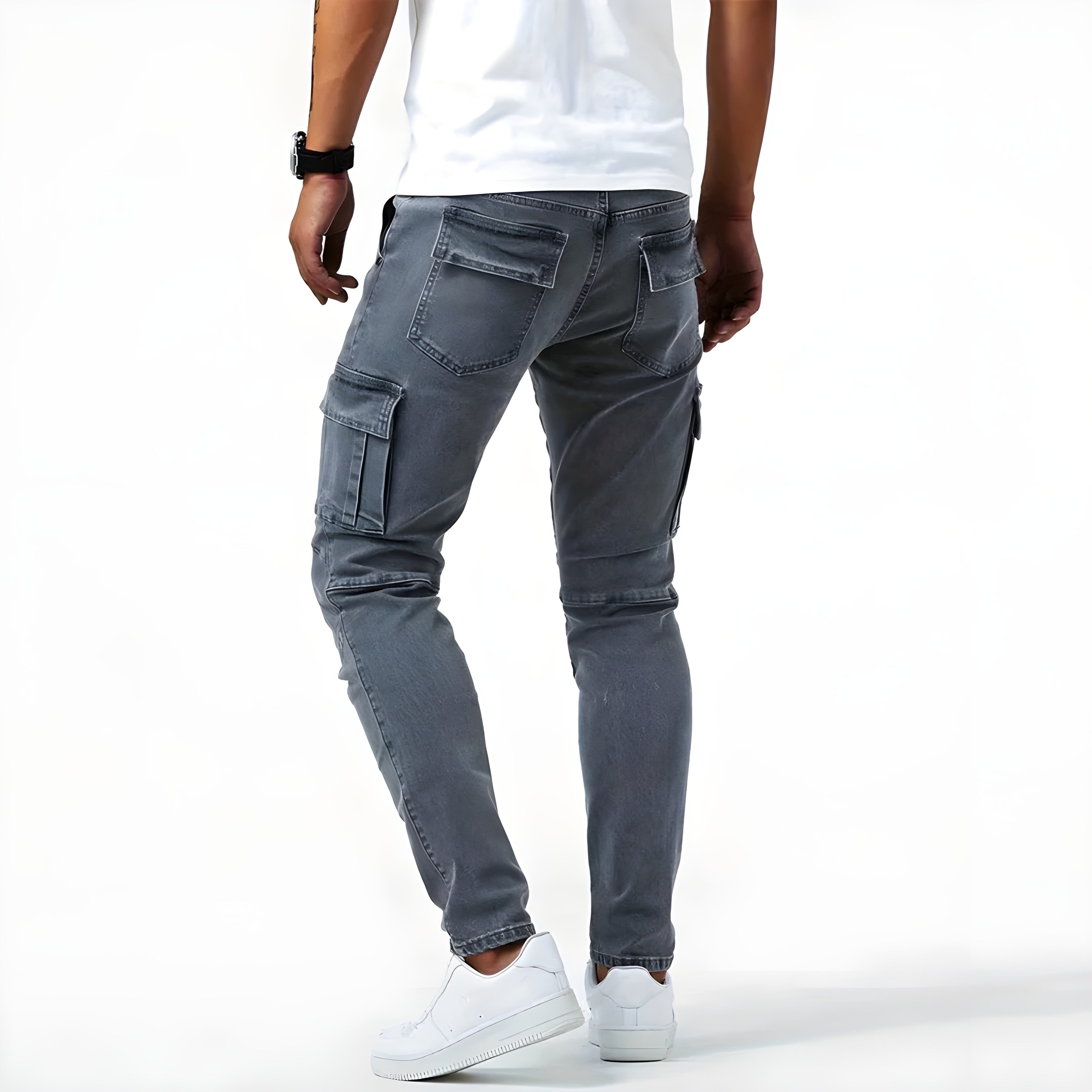 Stretch Denim Cargo Broek voor Mannen met Verstelbare Taille en Functionele Zakken