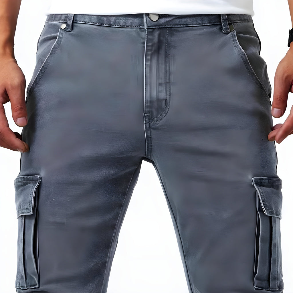 Stretch Denim Cargo Broek voor Mannen met Verstelbare Taille en Functionele Zakken