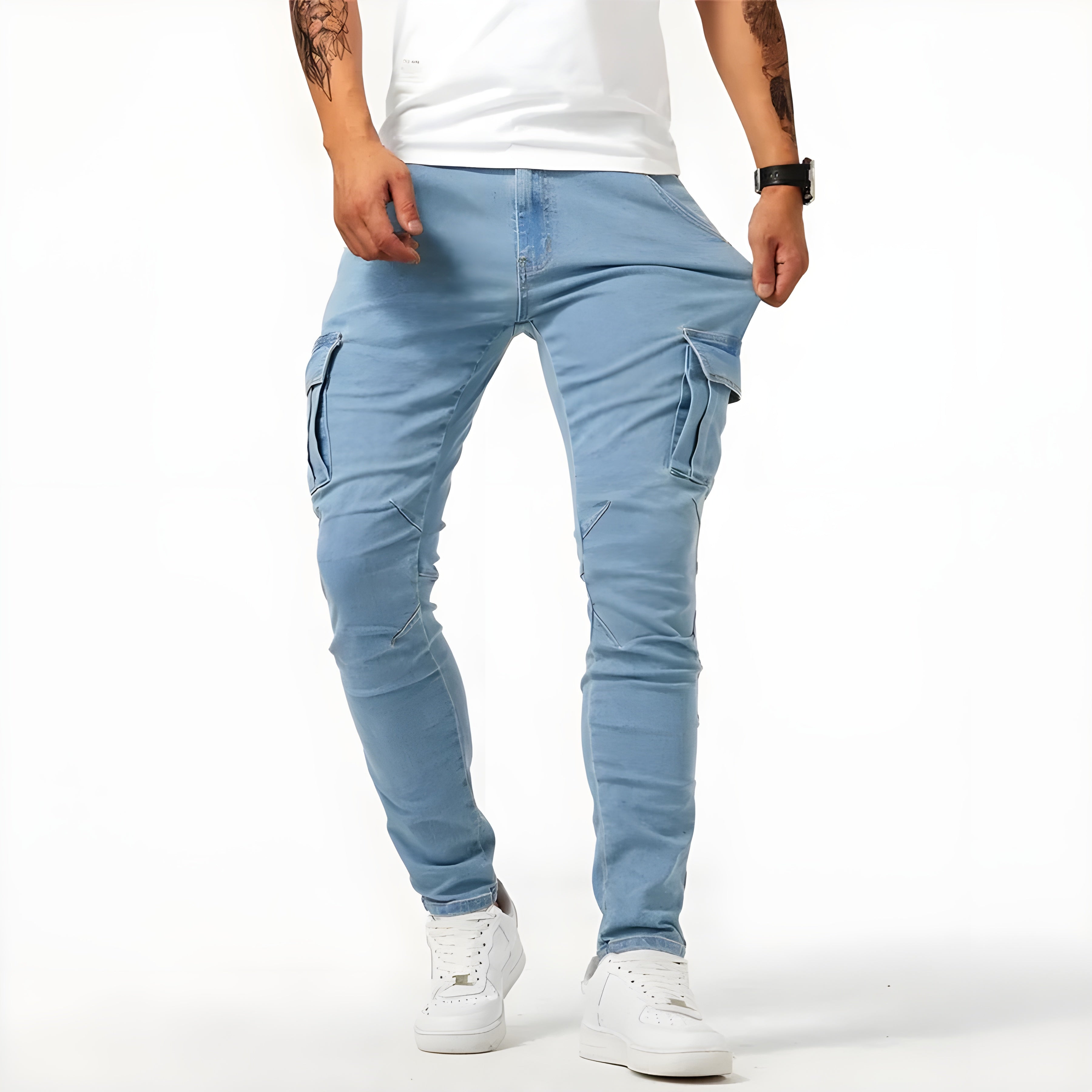 Stretch Denim Cargo Broek voor Mannen met Verstelbare Taille en Functionele Zakken