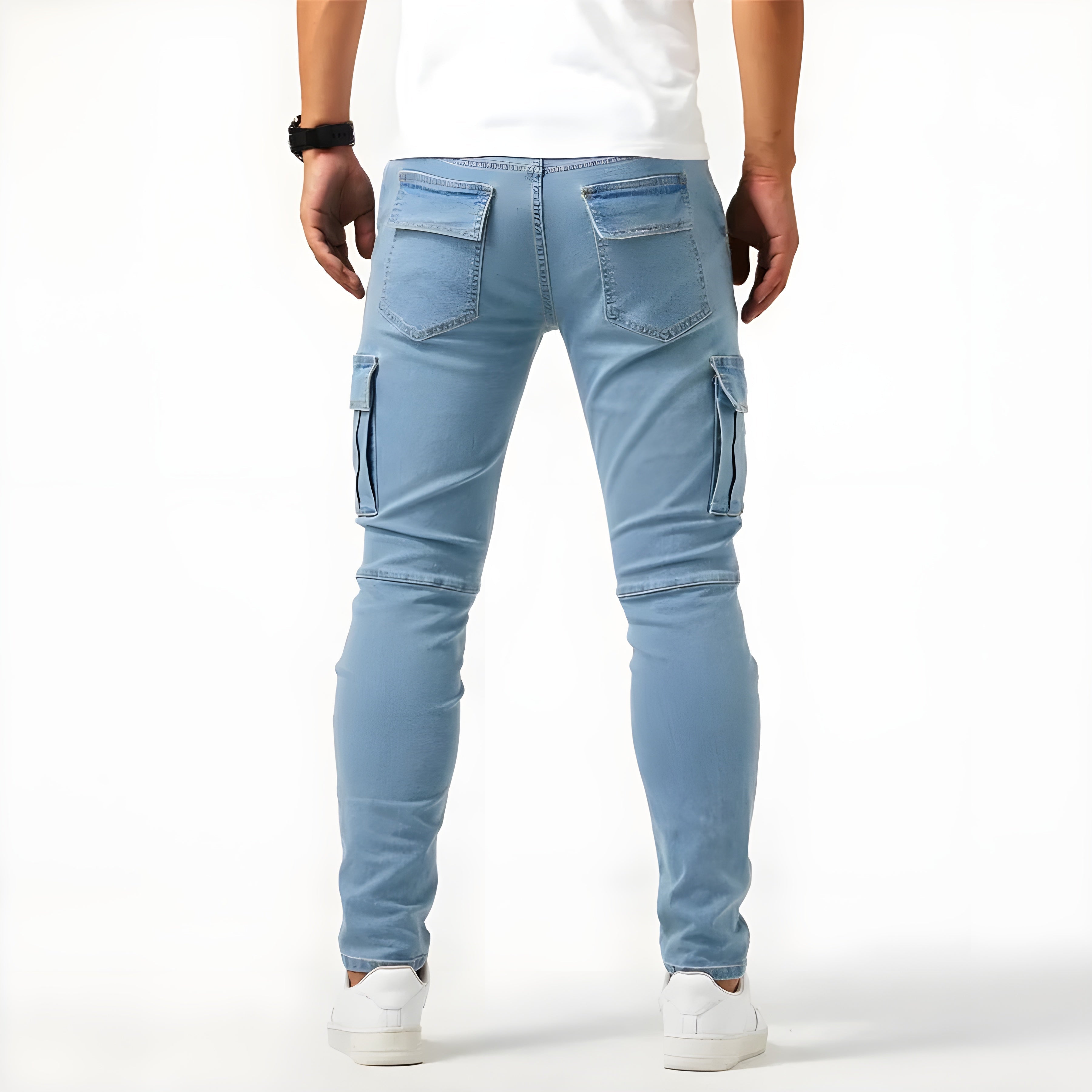 Stretch Denim Cargo Broek voor Mannen met Verstelbare Taille en Functionele Zakken