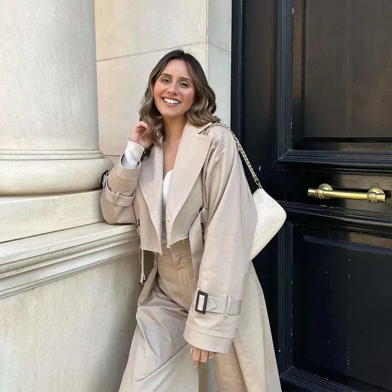 Dames Cropped Trench Coat Relaxed Fit Dubbelzijdig Mouwen