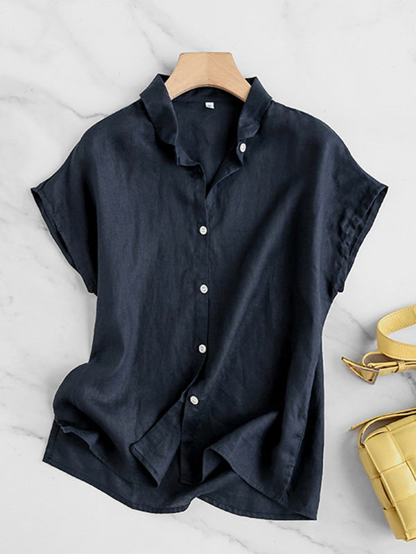 Korte Mouwen Linnen Shirt Heren met Losse Pasvorm en Ronde Hals 1