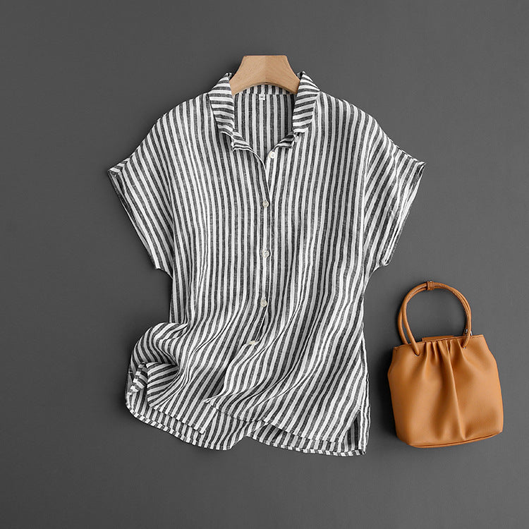 Korte Mouwen Linnen Shirt Heren met Losse Pasvorm en Ronde Hals 4