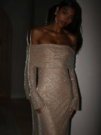 Rhinestone Versierde Off-Shoulder Jurk voor Avondgala