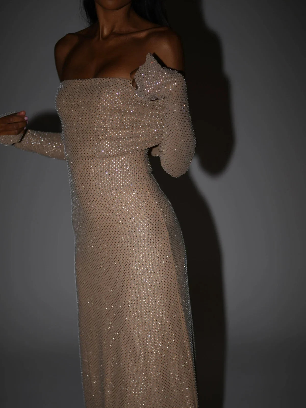 Rhinestone Versierde Off-Shoulder Jurk voor Avondgala