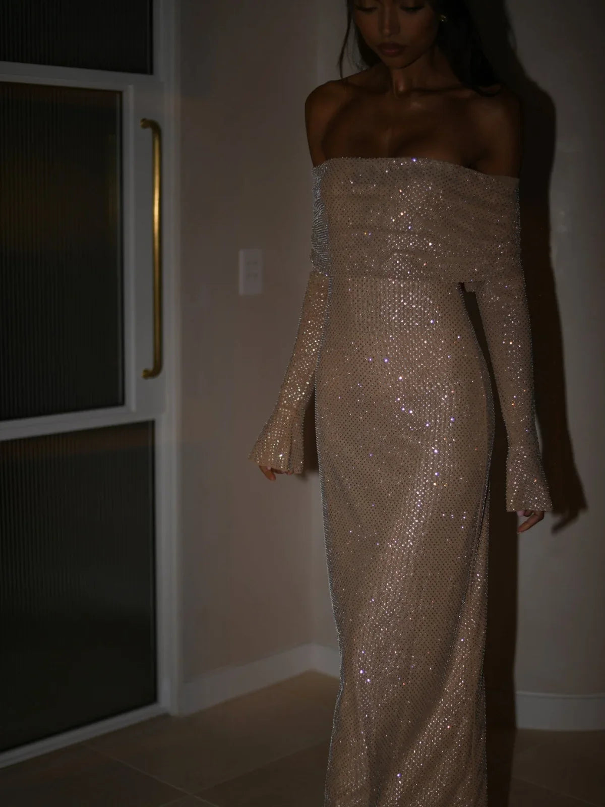 Rhinestone Versierde Off-Shoulder Jurk voor Avondgala