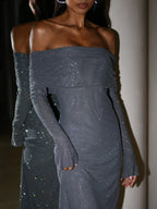 Rhinestone Versierde Off-Shoulder Jurk voor Avondgala