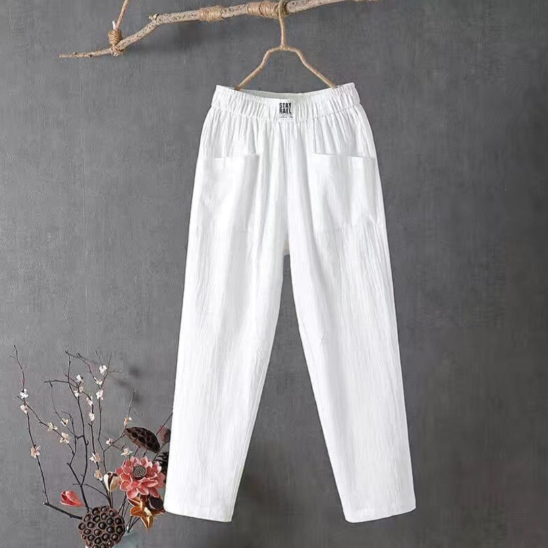 Linnen Broek Dames met Elastische Taille – Witte en Beige Opties 0