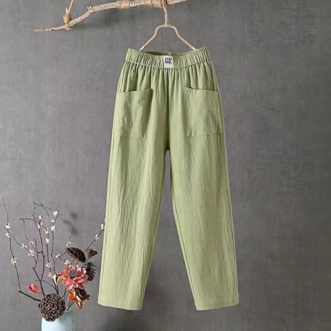 Linnen Broek Dames met Elastische Taille – Witte en Beige Opties 1