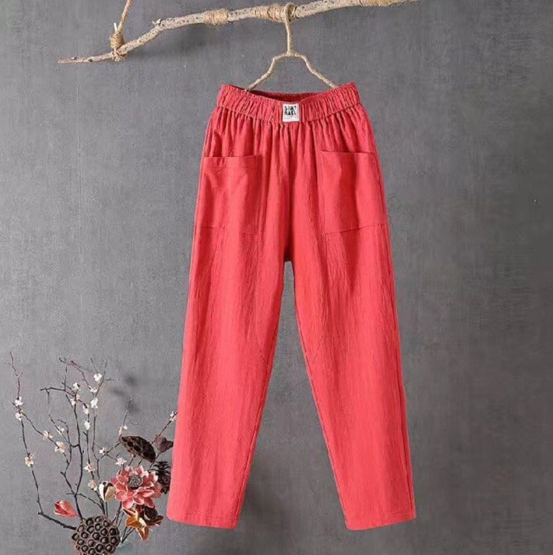 Linnen Broek Dames met Elastische Taille – Witte en Beige Opties 2