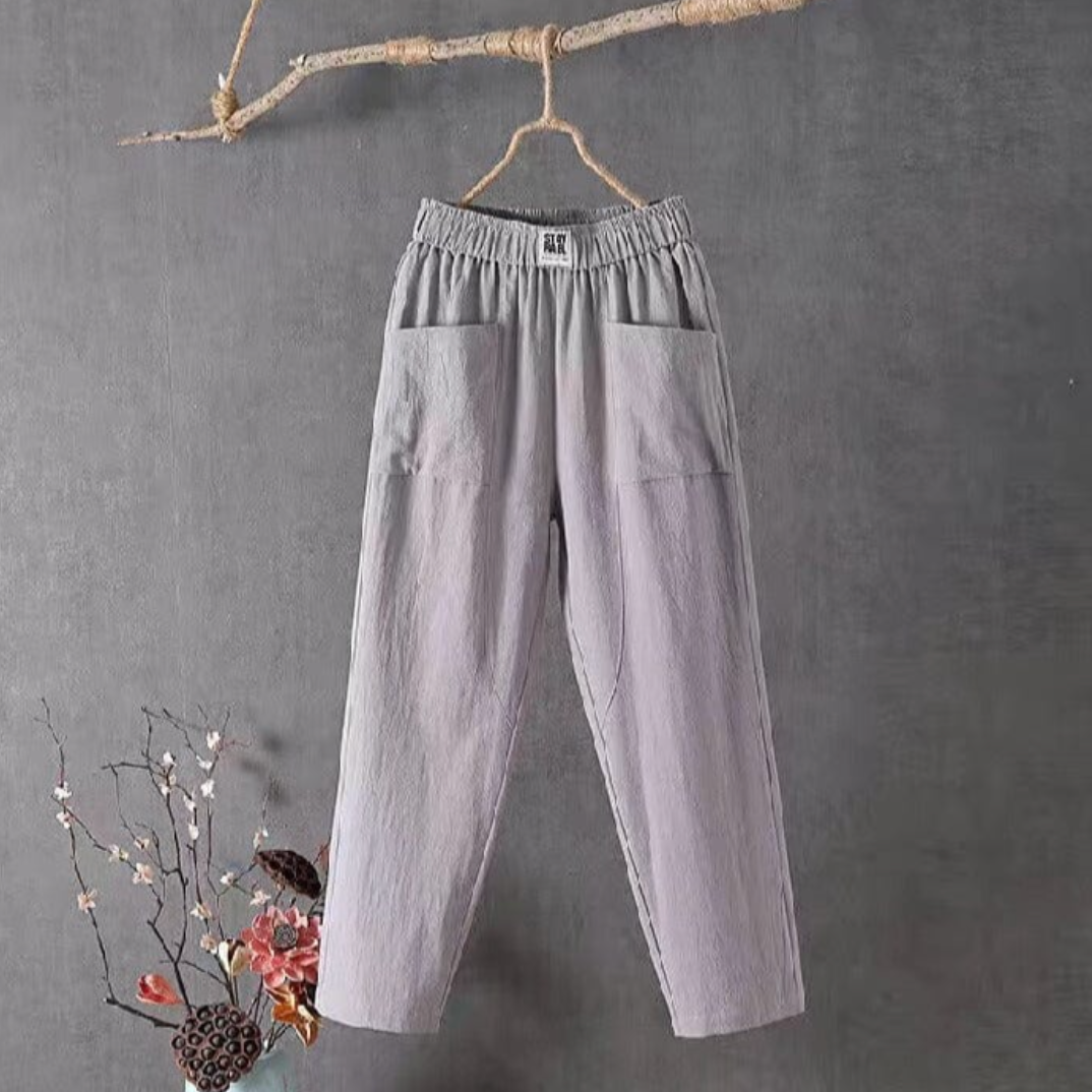 Linnen Broek Dames met Elastische Taille – Witte en Beige Opties 3