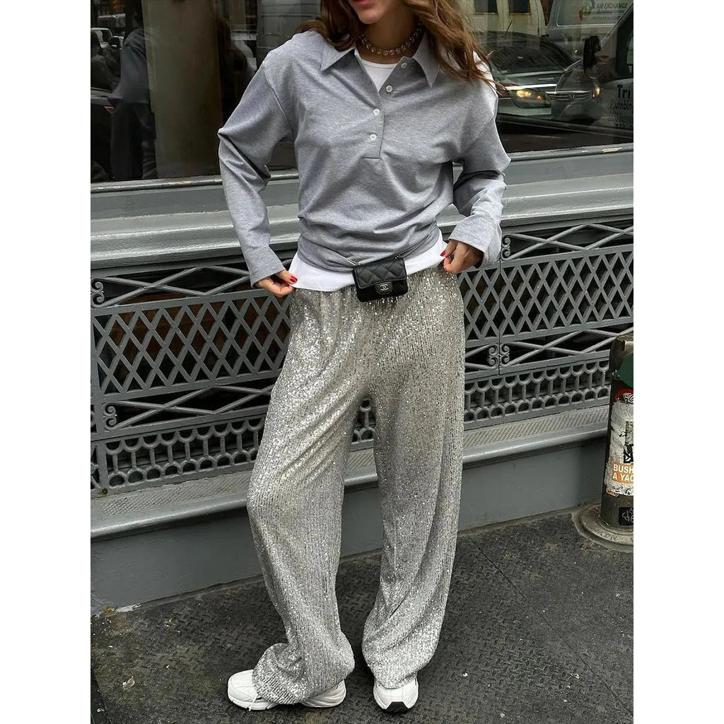 Luna Zijden Pailletten Broek Metallic Zilver of Goud - Feestelijk 2