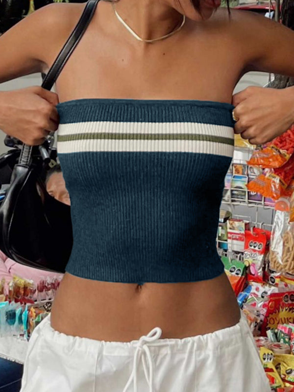 Marineblauwe vintage gebreide gestreepte bandeau crop top 0