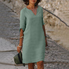 Vino Verfrissende Zomer Jurk met V-Hals en 3/4 Mouwen voor Casual en Elegante Looks