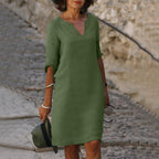 Vino Verfrissende Zomer Jurk met V-Hals en 3/4 Mouwen voor Casual en Elegante Looks