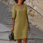 Vino Verfrissende Zomer Jurk met V-Hals en 3/4 Mouwen voor Casual en Elegante Looks