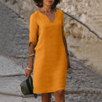 Vino Verfrissende Zomer Jurk met V-Hals en 3/4 Mouwen voor Casual en Elegante Looks