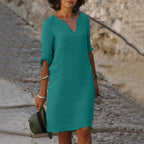 Vino Verfrissende Zomer Jurk met V-Hals en 3/4 Mouwen voor Casual en Elegante Looks