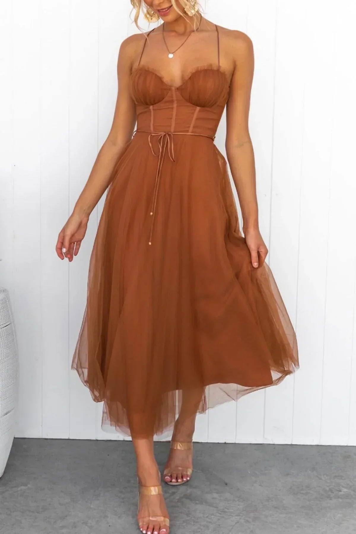 Mina - Mesh Korset Kanten Camisole Jurk