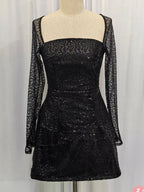 Mini-galajurk voor dames - Bodycon met pailletten - Vierkante hals - Lange mouwen - Feestkleding 0
