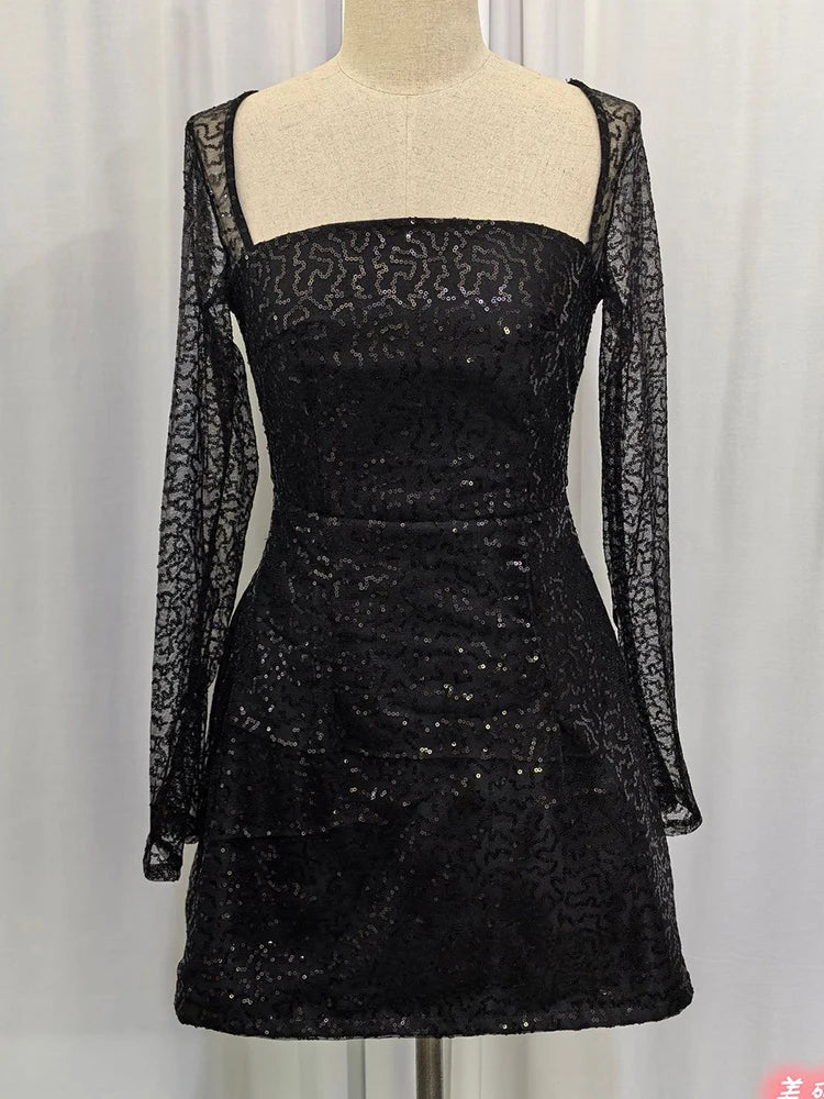 Mini-galajurk voor dames - Bodycon met pailletten - Vierkante hals - Lange mouwen - Feestkleding 0